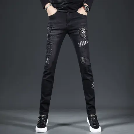 牛仔裤2023新款男秋季黑色高端烫钻绣花潮流修身小脚牛仔长裤男商品大图