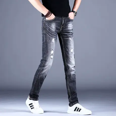 男士破洞牛仔裤男秋款2023新款磨白做旧青年修身小脚休闲长裤潮牌商品大图