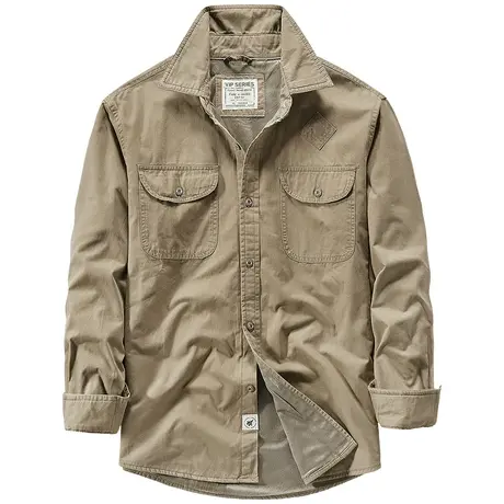 VIP秋冬季长袖衬衫男加绒加厚复古纯棉工装外套休闲保暖带绒衬衣商品大图