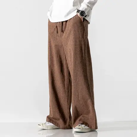 大码亚麻宽松坠感直筒阔腿裤棉麻休闲裤男士条纹麻料长裤百搭薄款商品大图