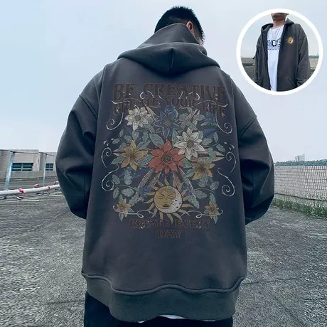 美式复古加肥加大码男装连帽胖子外套拉链卫衣宽松休闲百搭春秋款图片