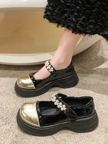 拼色玛丽珍单鞋女2023年新款百搭厚底增高显瘦英伦学院风jk小皮鞋图片