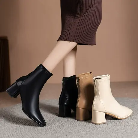 高跟瘦瘦马丁靴女2023年新款春秋季单靴米白色秋冬方头粗跟短靴子商品大图