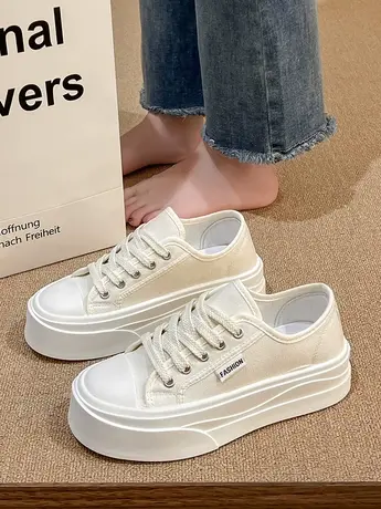 厚底透气帆布鞋女2023新款夏季运动休闲鞋增高系带软底小白鞋板鞋商品大图