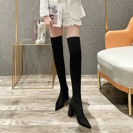 弹力袜子靴2022年秋冬新款高跟长筒靴女粗跟性感尖头小个子过膝靴商品大图