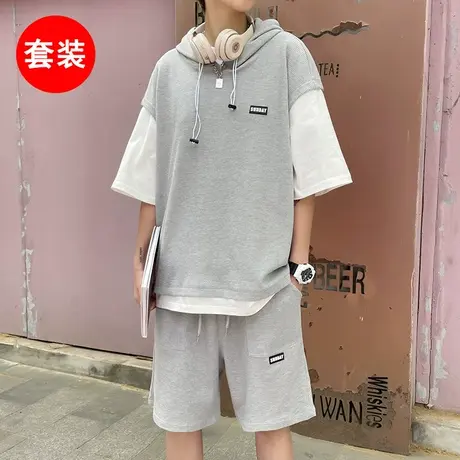 运动休闲套装男女潮流ins夏季宽松短袖t恤一套搭配港风潮牌两件装商品大图