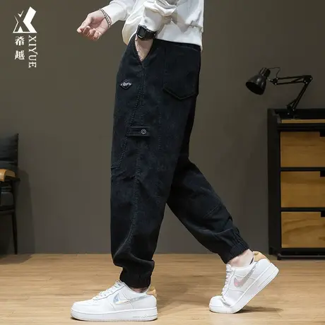 春季灯芯绒加绒卫裤男宽松加肥大码休闲长裤春秋男士束脚九分裤子图片