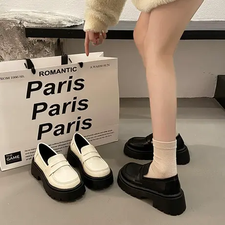 黑色厚底乐福鞋女款2024春季新款英伦小皮鞋女春秋百搭一脚蹬单鞋商品大图
