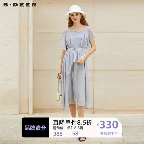 sdeer圣迪奥女装圆领风琴褶收腰短袖连衣裙S232Z12Z6图片