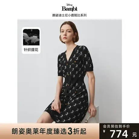 【迪士尼小鹿斑比系列】朗姿2023秋新款法式黑色V领针织连衣裙子商品大图