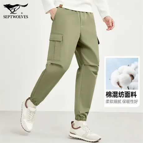 七匹狼工装裤子男秋冬季束脚裤大口袋宽松哈伦裤松紧腰九分小脚裤图片