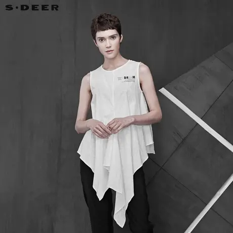 sdeer圣迪奥女装简约圆领撞色字母不规则摆短袖衬衫S19280628商品大图