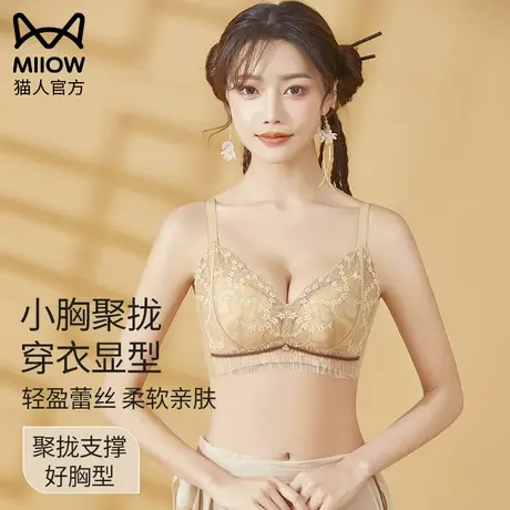 猫人舒适无钢圈文胸性感蕾丝收副乳大胸显小内衣女士小胸聚拢胸罩商品大图