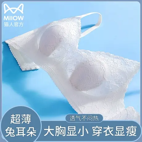 猫人兔耳朵内衣女超薄款夏大胸显小水晶杯无钢圈无痕透气蕾丝文胸商品大图