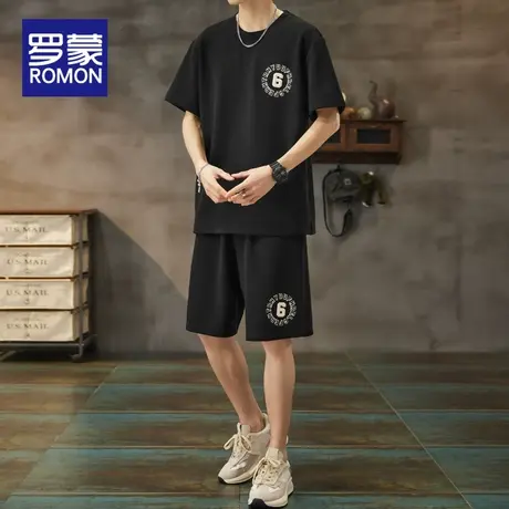 罗蒙运动套装男士潮牌宽松短袖上衣夏季薄款透气凉爽休闲五分短裤图片