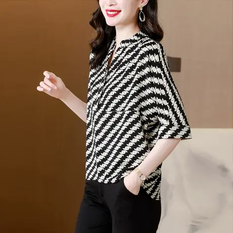 条纹衬衫女夏季2023年新款时尚洋气大码宽松薄款遮肚显瘦漂亮小衫商品大图
