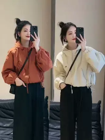 2023秋新款连帽拉链短款小个子下摆抽绳休闲长袖冲锋衣夹克外套女商品大图