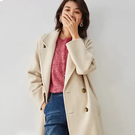 梦舒雅羊毛小个子双面呢大衣垂感灰色中长款时尚外套女图片