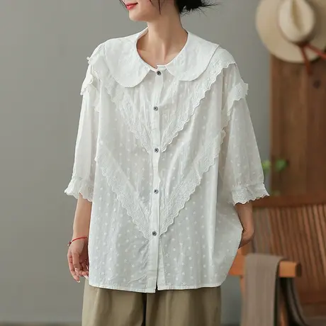 dza 复古纯棉娃娃领衬衫女2023夏季白色短袖衬衣气质漂亮开衫上衣商品大图