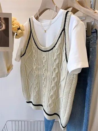 洋气拼色叠穿无袖复古绞花毛织外搭吊带针织衫马夹背心女23春新款图片