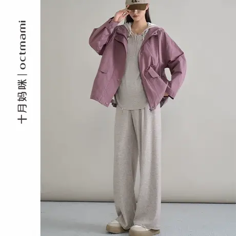十月妈咪孕妇套装2025新款春秋外穿半纽扣连帽卫衣宽松直筒裤春装商品大图