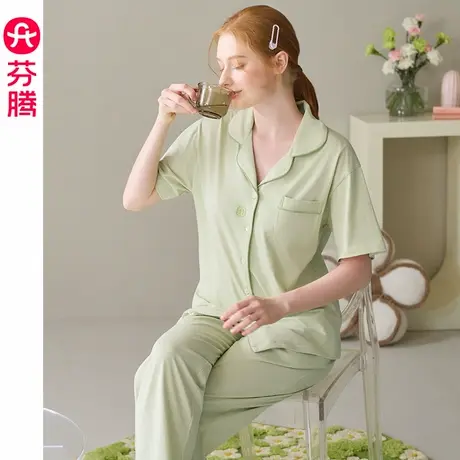 芬腾纯棉睡衣女夏季薄款短袖长裤套装女款休闲透气大码全棉家居服商品大图