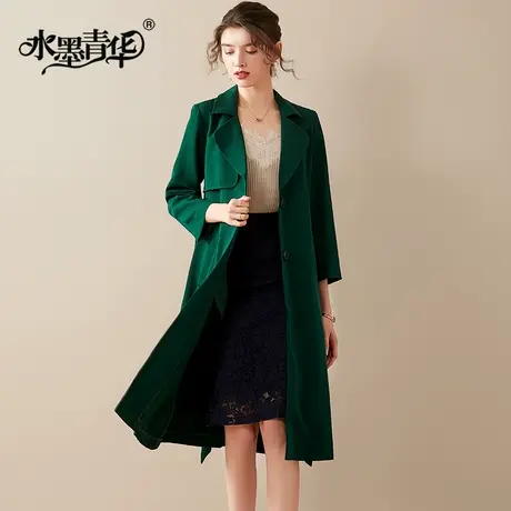 【1件7.9折】秋新品时尚保暖长袖中长款外套修身系带风衣女大衣图片