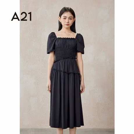 a21女装夏季新款方领泡泡短袖a摆梭织连衣裙简约大方领小黑裙子图片