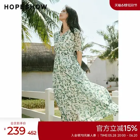 红袖V领套头雪纺连衣裙女hopeshow2024夏新款轻薄飘逸短袖茶歇裙图片