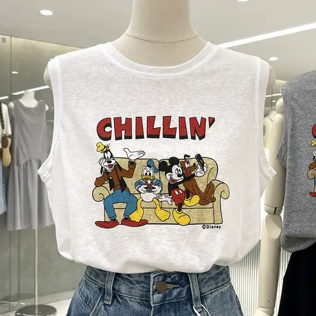 卡通印花圆领背心2025夏装穿搭童趣减龄百搭无袖t恤女休闲上衣服图片