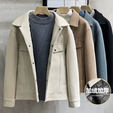秋冬季韩版阔型宽松翻领短款毛呢夹克男潮流休闲加厚呢子大衣外套商品大图