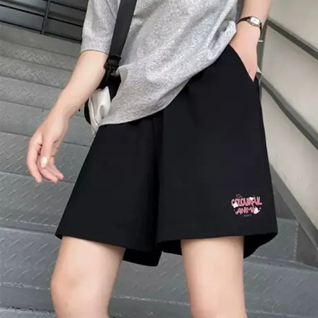 KMV真维斯黑色运动短裤女夏季2025新款外穿宽松显瘦休闲三分裤子商品大图