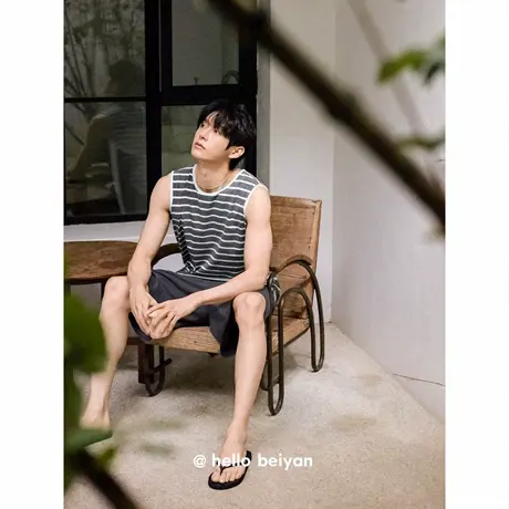 贝妍凉感莫代尔棉睡衣男夏季简约条纹无袖家居服宽松大码背心套装商品大图