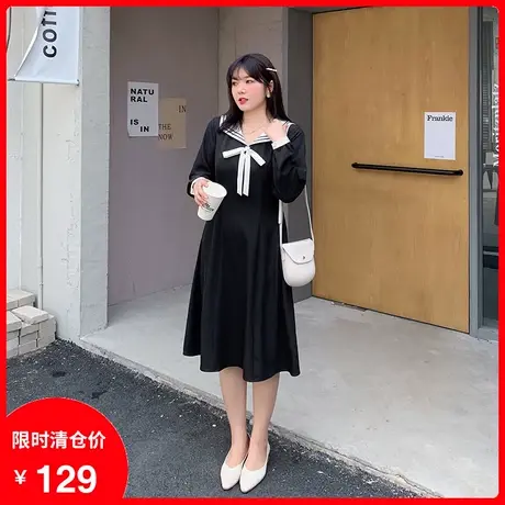 2023秋新款海军领学院风减龄显瘦中长款过膝遮肉胖MM连衣裙大码商品大图