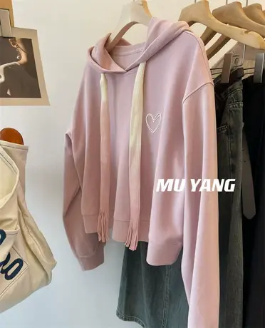 时髦小廓形 ！渐变抽绳爱心连帽短卫衣女春秋薄款套头短款上衣秋图片