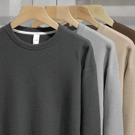 华夫格卫衣男2023新款秋季纯色灰色无帽上衣圆领长袖t恤潮流宽松商品大图