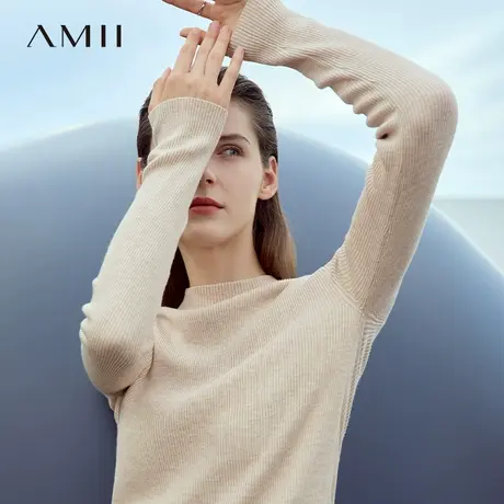 Amii烟囱半高领毛衣女2025夏季新款修身显瘦打底衫细坑条纹理上衣图片