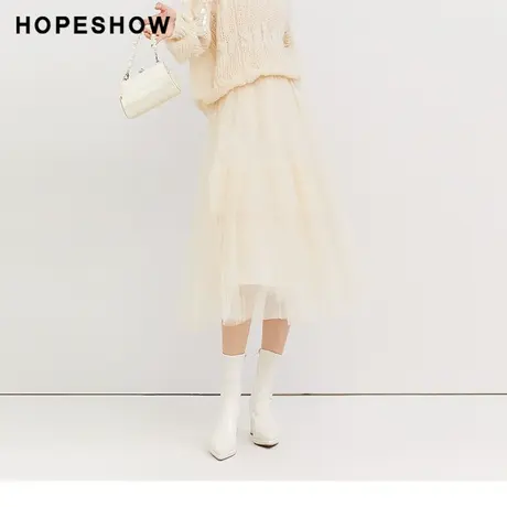 红袖outlets高腰A字网纱半身裙hopeshow2023秋款不规则蓬蓬中裙图片