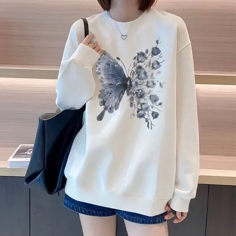 欧货白色蝴蝶印花卫衣女2025秋冬新款加绒长款圆领套头时尚上衣潮商品大图