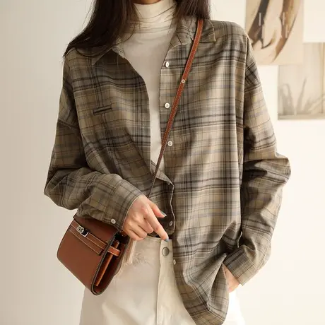 嘉茱莉格子衬衫女2021年秋季新款复古港风超好看上衣外穿长袖衬衣图片