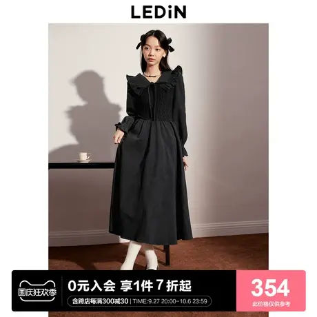 [预]乐町甜美翻领连衣裙23年秋冬新款长袖小黑裙优雅娃娃领连衣裙商品大图