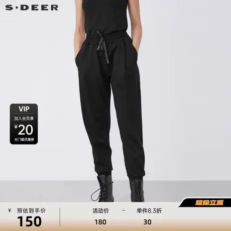 sdeer圣迪奥女装时尚松紧抽绳插袋宽松黑色长裤S21480826图片