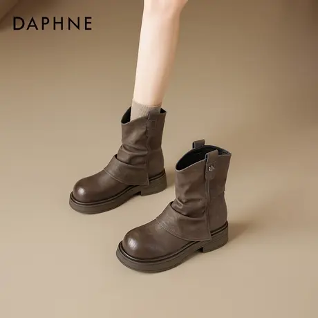 达芙妮堆堆短靴女2026新款秋冬棕色美拉德厚底马丁靴裤管靴女靴子图片