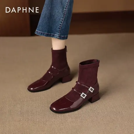 达芙妮高跟短靴女款红色靴子女2026新款绒面瘦瘦靴玛丽珍袜靴婚鞋商品大图