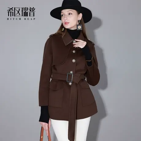 希区瑞普高端纯羊毛复古外套女2023新款秋冬军工装翻领中长款大衣图片