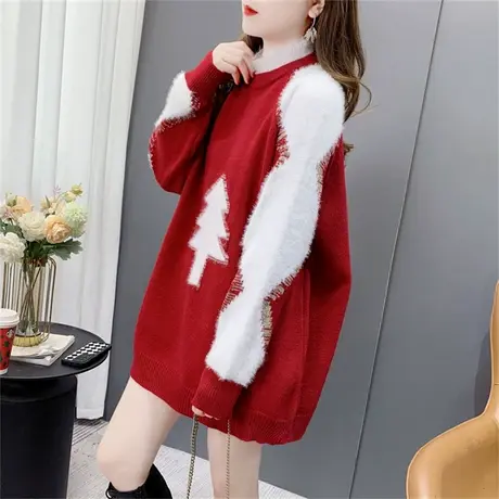 学院风红色圣诞毛衣女2022年新款秋冬宽松时尚洋气减龄设计感上衣商品大图