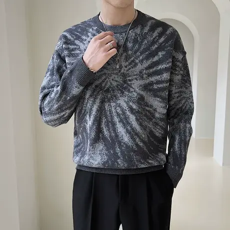 扎染渐变毛衣男秋冬ins小众修身圆领线衣潮牌时尚个性内搭针织衫商品大图