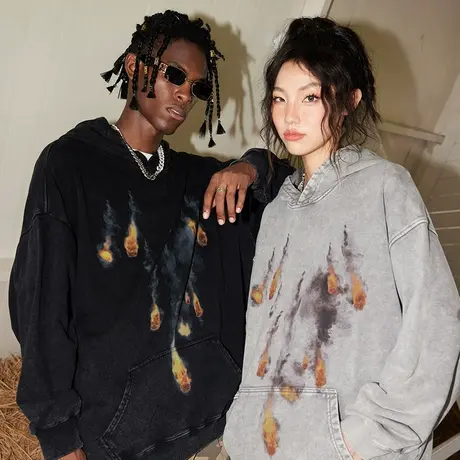 美式水洗做旧情侣外套火焰带帽卫衣潮牌男2023新款冬季款宽松帽衫商品大图