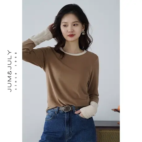 嘉茱莉2023新款拼接双面磨毛针织打底衫女短款内搭T恤套头上衣商品大图