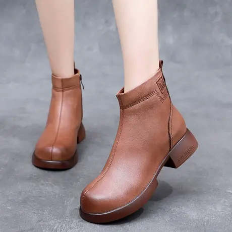 复古大码加肥加宽女靴41一43皮鞋女2023新款真皮平底加绒短靴子商品大图